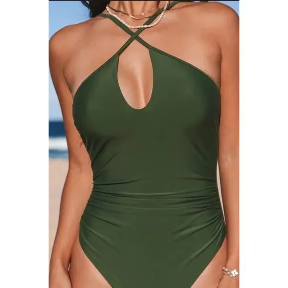 Cupshe Green Cutout Ruched Tummy Control One Piece Swimsuit- NWT - Sz L - Picture 3 of 9
